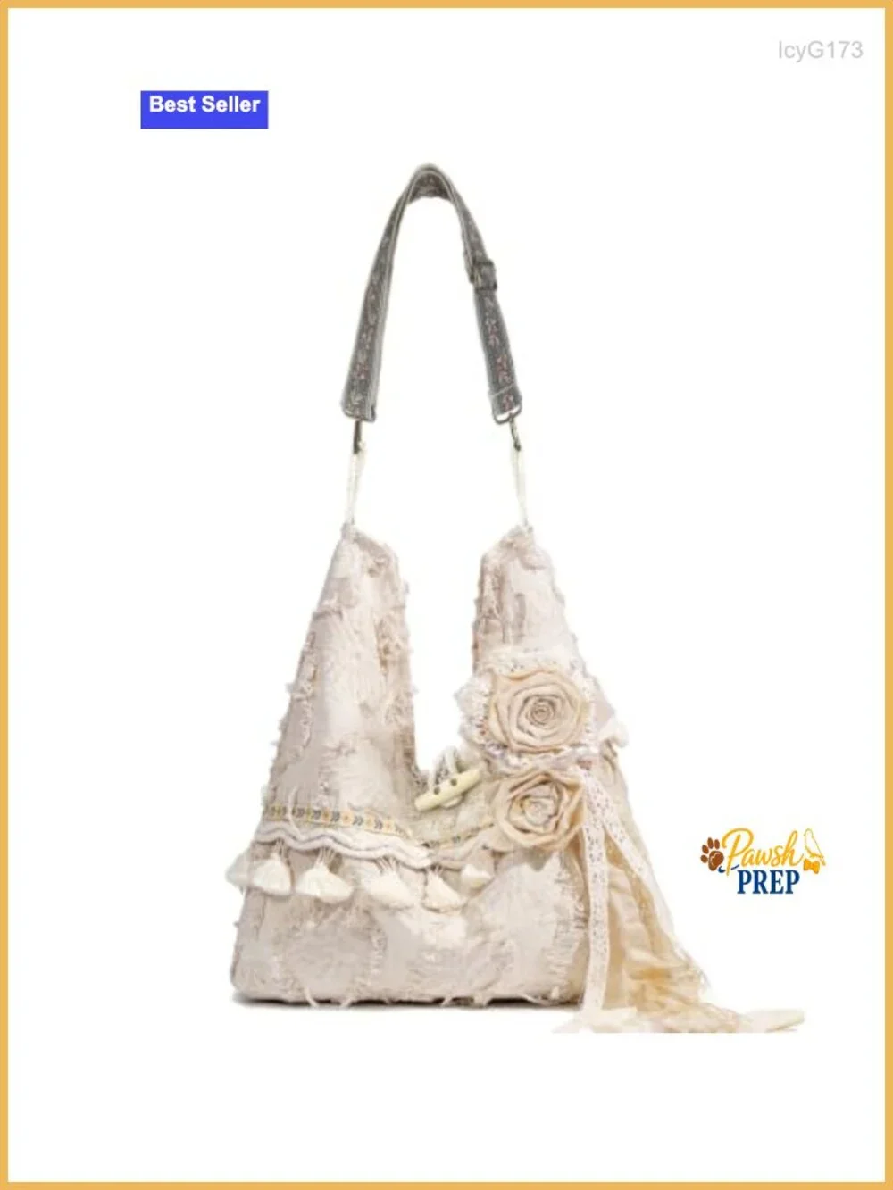 Handcrafted Boho Hobo Bag with Fringe and Removable Flowers, Adjustable Strap
